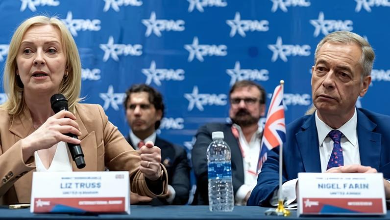 Liz Truss and Nigel Farage, seen here at the 2024 Conservative Political Action Conference in the US, enjoyed a lunch of steak and chips at a club in Mayfair, London.