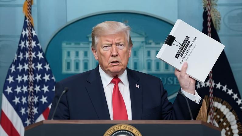 Trump brandishes a file touting his accomplishments at a press conference in Washington on Tuesday.