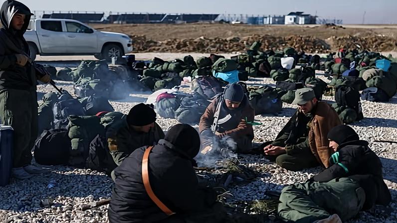 Syrian government forces outside al-Hawl camp in north-east Syria on Wednesday.