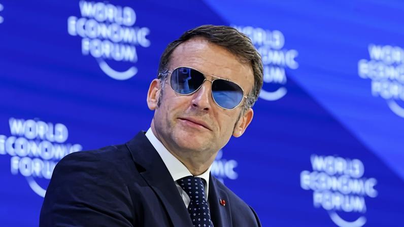 Emmanuel Macron wearing the €659 pair of sunglasses, which he bought in 2024, at Davos on Wednesday.