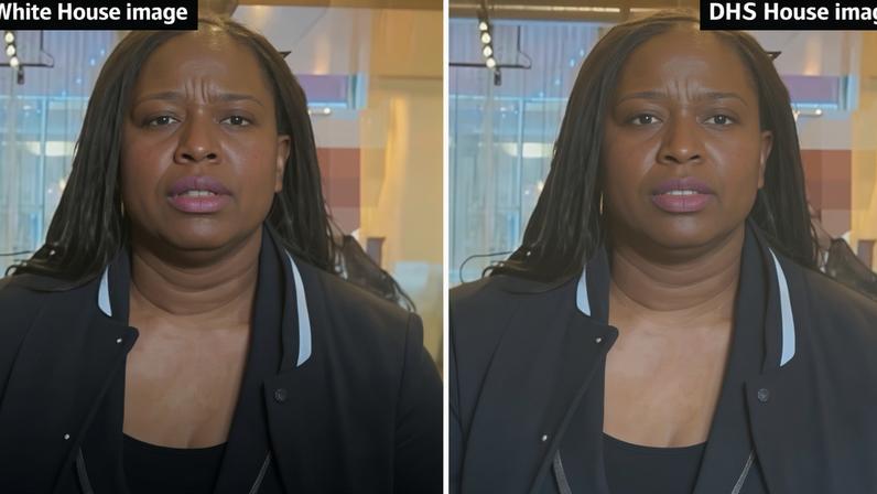 Nekima Levy Armstrong also appears to have darker skin in the altered image. Composite: Guardian Design/Left: @WhiteHouse via X, Right: @Sec_Noem via X