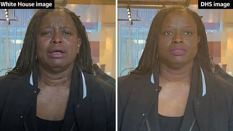 The woman, Nekima Levy Armstrong, also appears to have darker skin in the altered image. Composite: Guardian Design/Left: @WhiteHouse via X, Right: @Sec_Noem via X