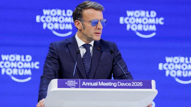 France's President Emmanuel Macron attends the 56th annual World Economic Forum (WEF) meeting in Davos, Switzerland, January 20, 2026. REUTERS/Denis Balibouse