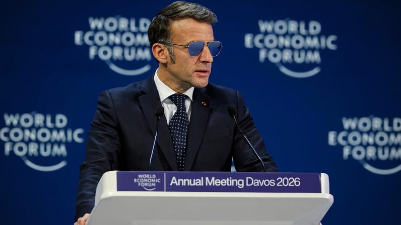 France's President Emmanuel Macron attends the 56th annual World Economic Forum (WEF) meeting in Davos, Switzerland, January 20, 2026. REUTERS/Denis Balibouse