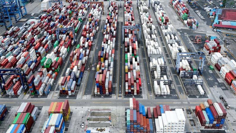 An aerial view shows containers at the Balboa Port, operated by Panama Ports Company, at the Panama Canal, in Panama City, Panama, February 1, 2025. REUTERS/Enea Lebrun