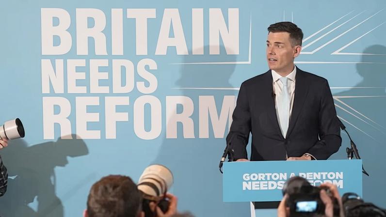 Matthew Goodwin speaking at a press conference on Tuesday after being announced as the candidate for Reform UK in the Gorton and Denton byelection.