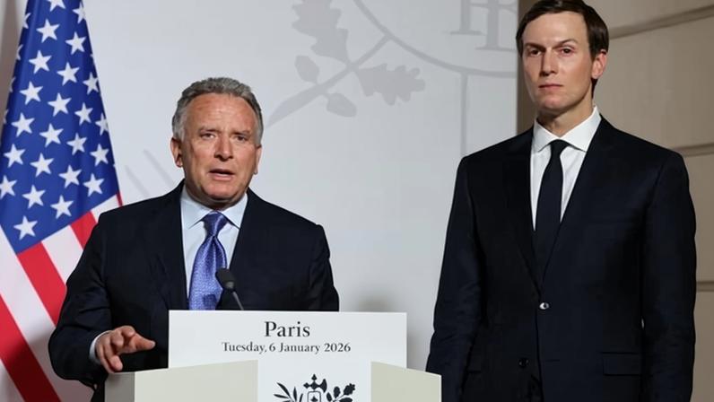 US Special Envoy Steve Witkoff flanked by Jared Kushner upon the signing of the declaration on deploying post-ceasefire force in Ukraine in Paris.