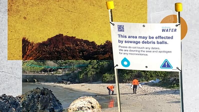 Composite image showing fatbergs and people cleaning a beach