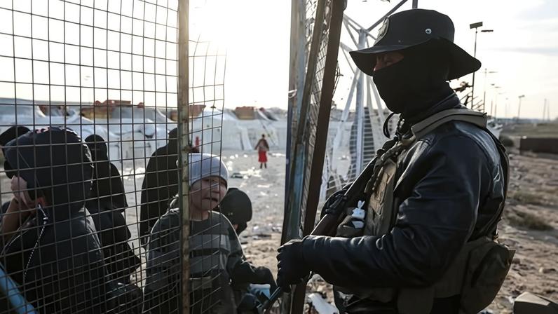 Children and guards at an opening of the fence in al-Hawl camp