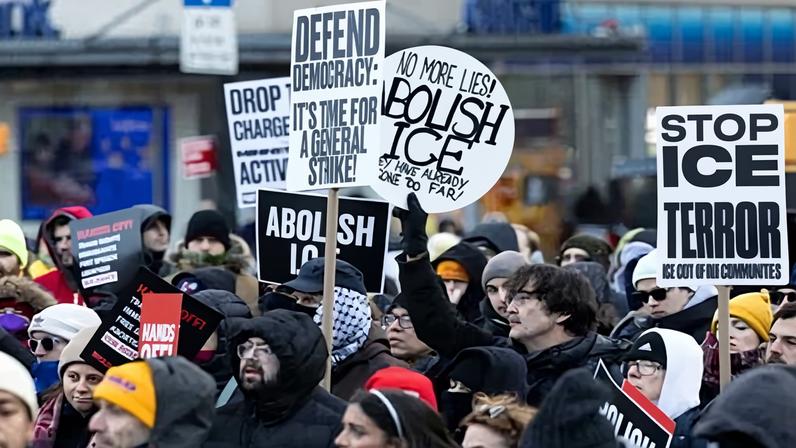 People protest in New York City on Saturday.