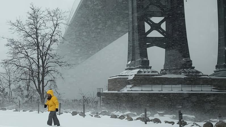 A person walks amid a major US winter storm, in Brooklyn, New York City, on Sunday.