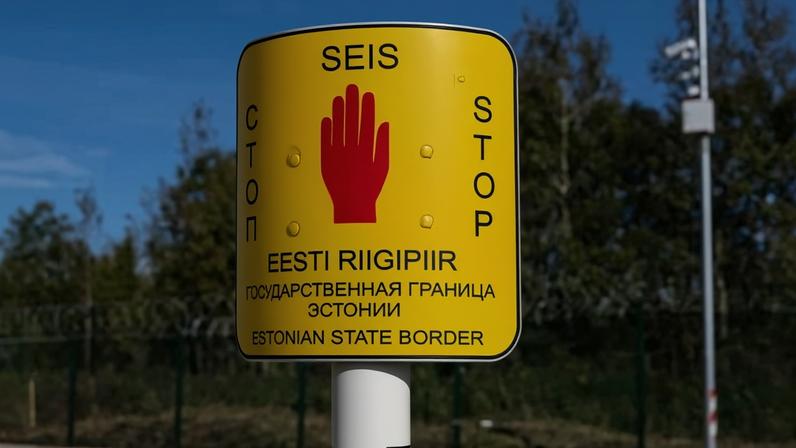 Boundary sign on the Estonian border with Russia. Estonia has begun denying entry to Russians who have fought against Ukraine.