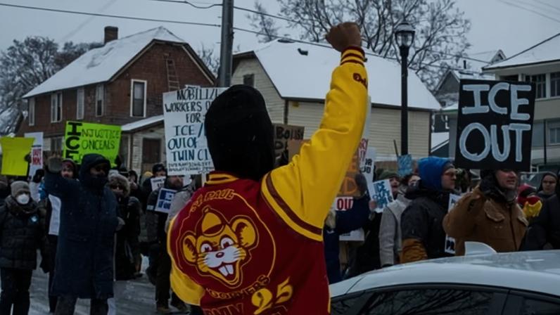A spectator raises a fist in solidarity with protesters from the postal workers union gathered to demand ICE out of Minnesota in Minneapolis on Sunday.