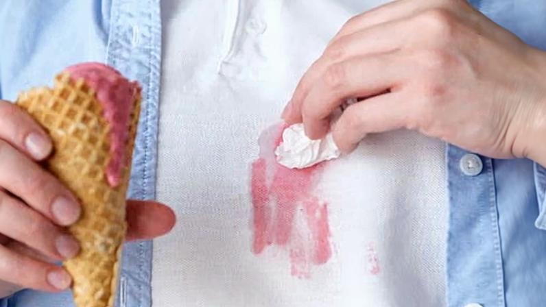 Strawberry ice cream stain on clothes white shirt