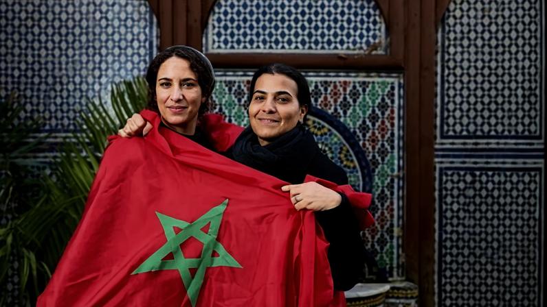 Lailah Khallouk, left, and Saoud Talsi outside Trellick Tower. Football ‘has completely united the Moroccan diaspora’. Photograph: David Levene/The Guardian