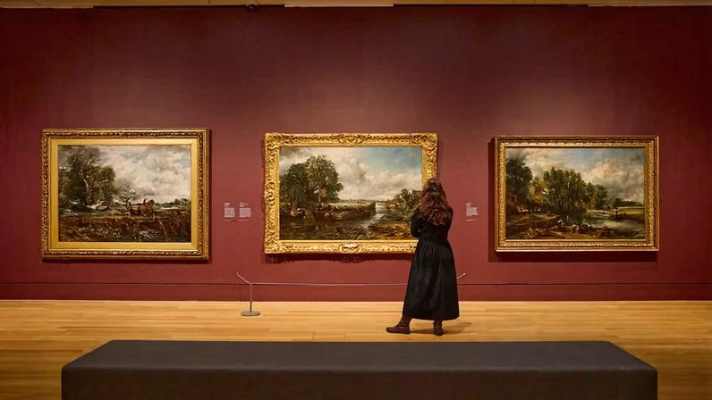 Installation views of John Constable’s *The Leaping Horse* (1825), *View of the Stour near Dedham* (1822) and *Stratford Mill* (1820) in Turner and Constable: Rivals and Originals at Tate Britain Photo: ©Tate Photography (Yili Liu)