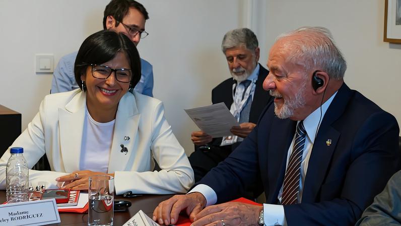 Lula e Delcy em uma reuniao em Bruxelas, na Bélgica, em 2023 — Foto: Ricardo Stuckert/PR