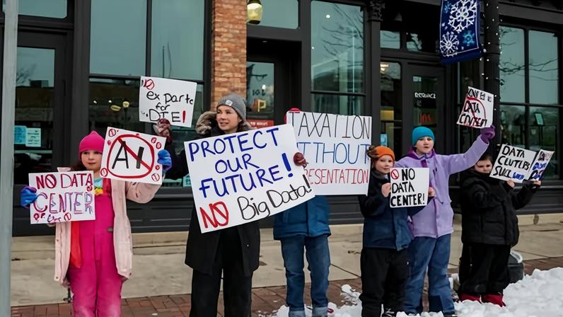 Residents rally against a data center planned on southeast Michigan farm land in Saline on 1 December 2025.