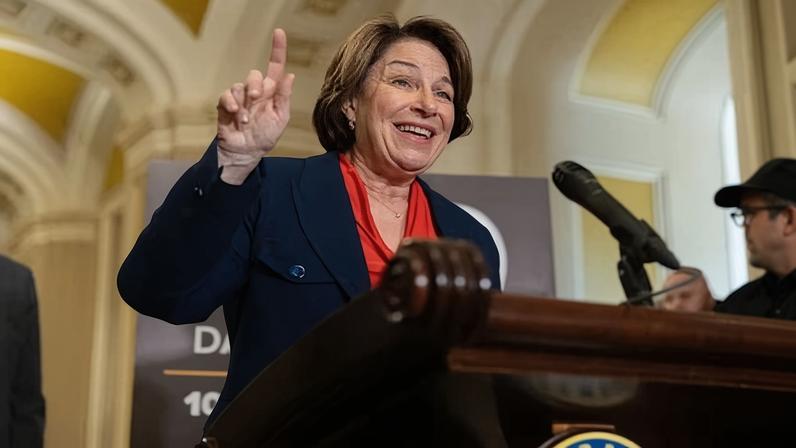 Amy Klobuchar speaks at the US Capitol in Washington DC on 29 April 2025.