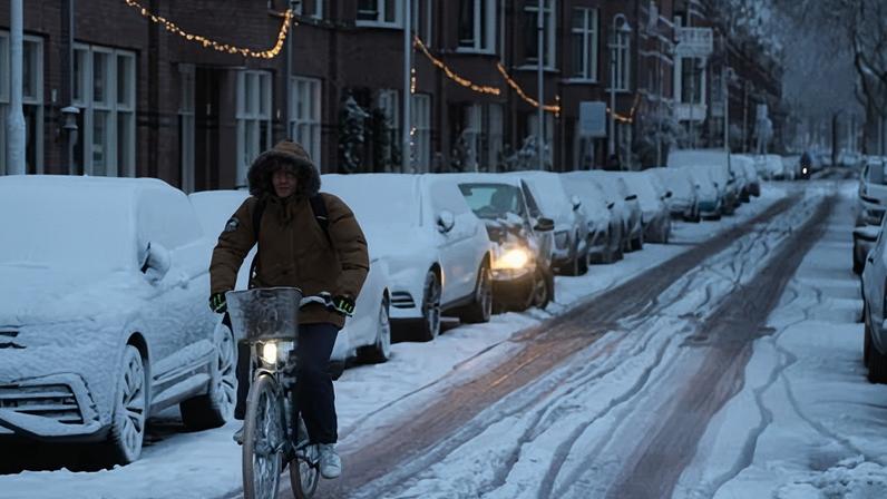 A cyclist rides in the snow in The Hague, Netherlands.