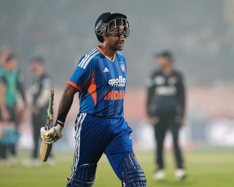 India’s captain Suryakumar Yadav walks off the field after losing his wicket during the recent fourth T20 international against New Zealand in Visakhapatnam.