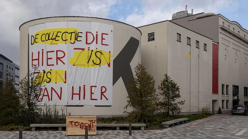 Banners hang from the museum of contemporary art (M HKA) in Antwerp, protesting government announcements that the Smak museum in Gent will take over the M HKA’s collection, as part of a cost-cutting exercise.