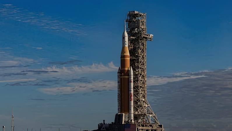 The rocket rolls from the vehicle assembly building at Nasa's Kennedy Space Center.