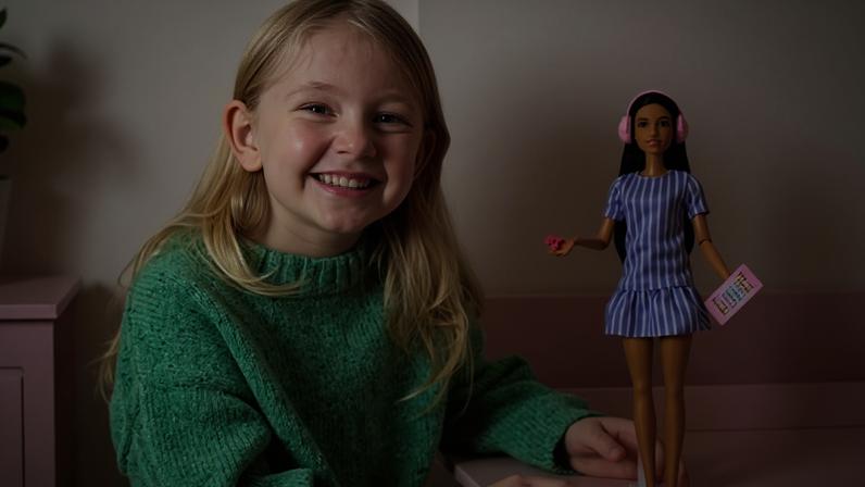 The doll wears a fidget spinner on her finger to reduce stress and noise-cancelling headphones to reduce sensory overload.