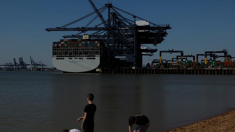 Container ships load and unload at Felixstowe Port, England.The UK was one of eight European nations and Nato allies hit by threats of new tariffs by Donald Trump.
