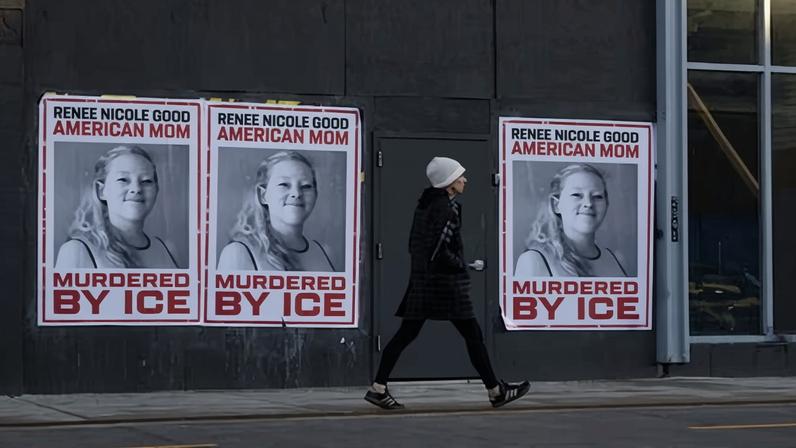 A poster of Renee Nicole Good, who was shot and killed by federal agents on 7 January in Minneapolis.