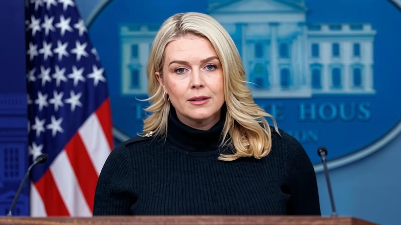 Karoline Leavitt, the White House press secretary, speaks during a press conference at the White House in Washington DC on Monday.