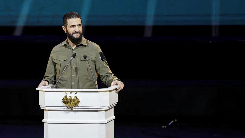 Syria's President Ahmed al-Sharaa delivers a speech on the first anniversary of Bashar al-Assad's fall