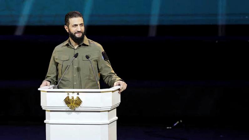 Syria's President Ahmed al-Sharaa delivers a speech on the first anniversary of Bashar al-Assad's fall