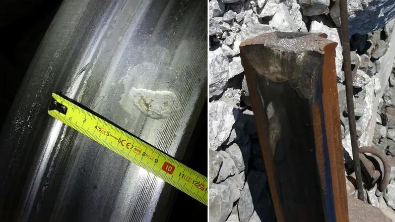 A la izquierda, una muesca presente en la rueda derecha del eje 13 (coche 4) el tren de Iryo y posible punto de colisión con la cabeza del carril.