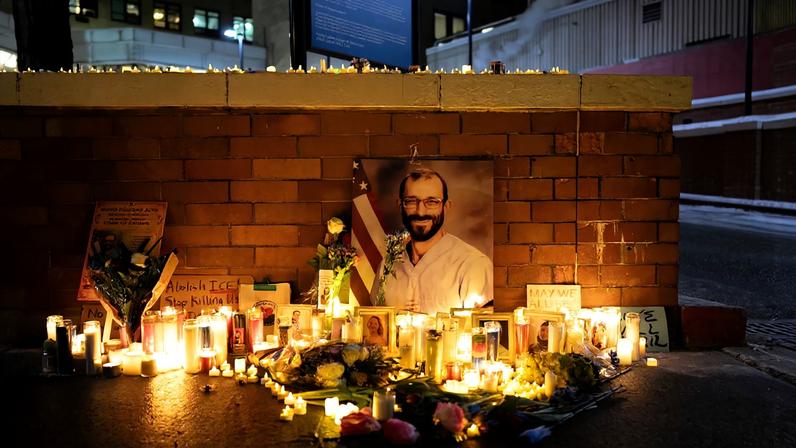 A memorial for Alex Pretti, an ICU nurse who was fatally shot by federal immigration agents trying to detain him in Minneapolis, Minnesota, at the Margaret Cochran Corbin VA Campus in New York City, U.S., January 29, 2026. REUTERS/David 'DeE Delgado
