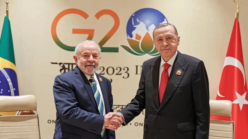 Lula e o presidente da Turquia, Recep Tayyip Erdogan, em imagem de 2023 — Foto: Ricardo Stuckert/Presidência da República