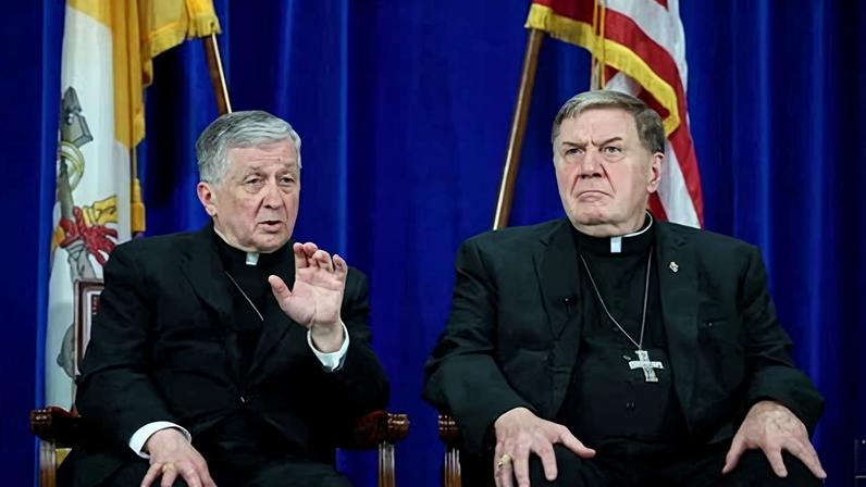 Cardinals, Joseph Tobin and Blase Cupich, attend a press conference following the election of Pope Leo XIV at the Pontifical North American College in Rome, Italy, on 9 May 2025.