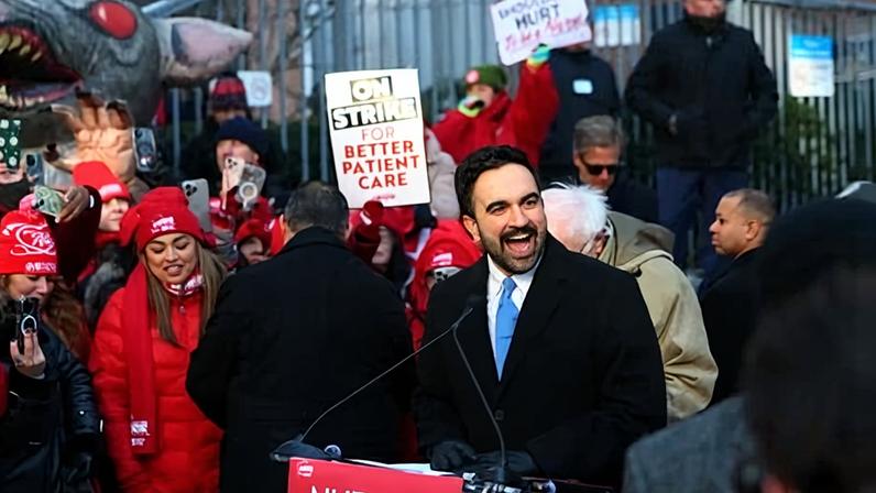 Mayor Zohran Mamdani speaks to nurses from Mount Sinai West striking outside the hospital on 20 January 2026 in New York City.