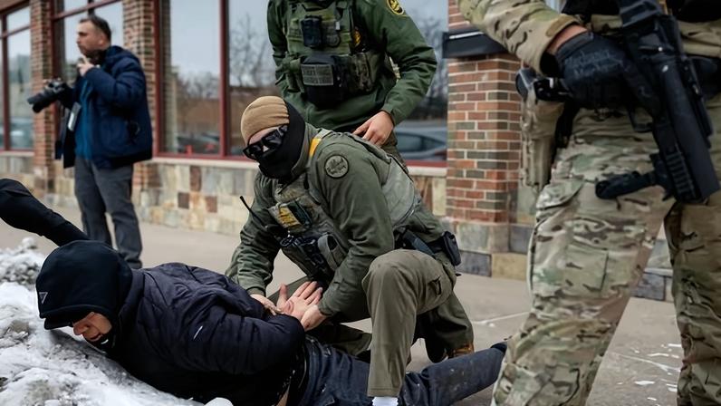 Border Patrol agents take a man into custody on January 11, 2026 in Minneapolis, Minnesota