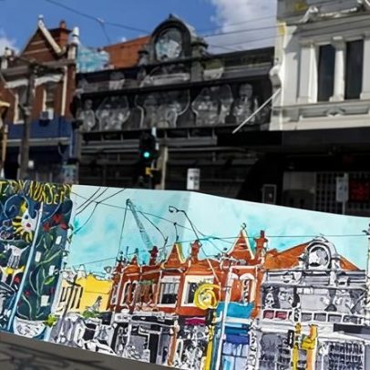 Helen Wilding, artista, desenha toda a Brunswick Street de Melbourne