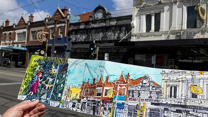 Helen Wilding, artista, desenha toda a Brunswick Street de Melbourne