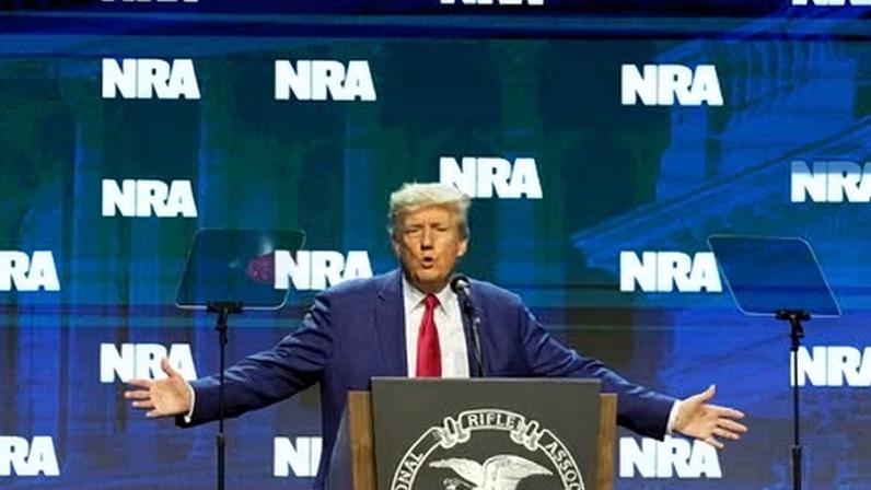 Trump speaks during at the National Rifle Association convention in April 2023, in Indianapolis.