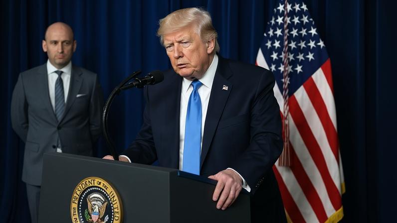Stephen Miller looks on as Donald Trump speaks to the press following US military actions in Venezuela, at his Mar-a-Lago residence in Palm Beach, Florida, on 3 January 2026.