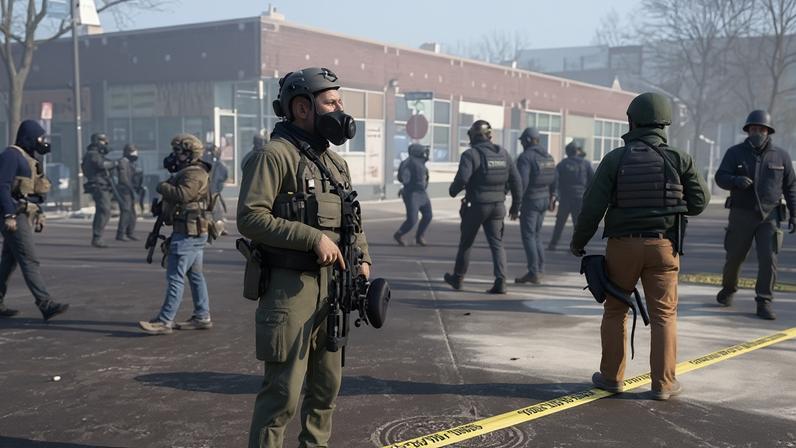 Masked ICE agents stand amid teargas in Minneapolis.