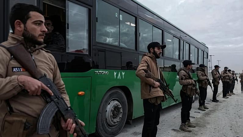 Syrian government forces stand guard over buses containing Kurds to be transported to Syria’s north-east on Saturday.