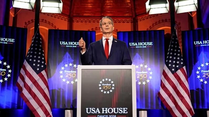 Speaking at the World Economic Forum in Davos, Scott Bessent accused the media of ‘hysteria’. Photograph: Markus Schreiber/AP