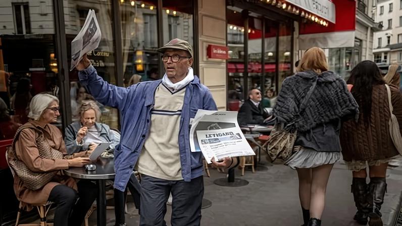‘I try and get into people’s hearts,’ says Ali Akbar, who sells newspapers in Saint-Germain-des-Prés in Paris.