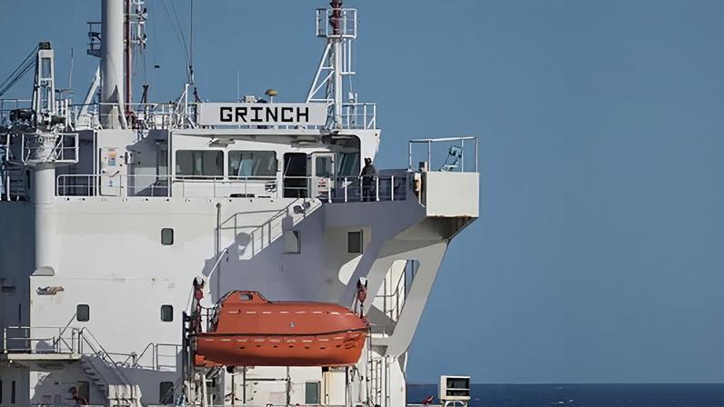 Closeup photo of the tanker's superstructure, which has the name Grinch written at the top