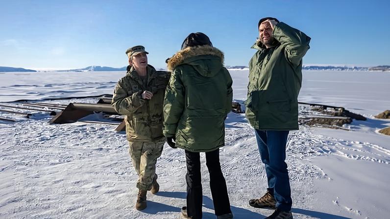 JD Vance (right) and the second lady, Usha Vance, speak to Col Susan Meyers on a visit to the Pituffik space base in Greenland, 28 March 2025.