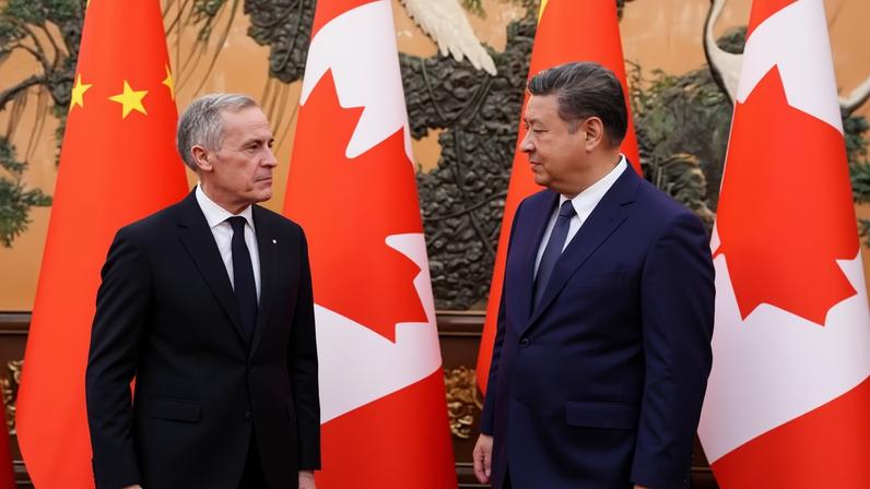 Canada's prime minister, Mark Carney, left, met with China’s president, Xi Jinping, at the Great Hall of the People in Beijing, 16 Jan 2026.